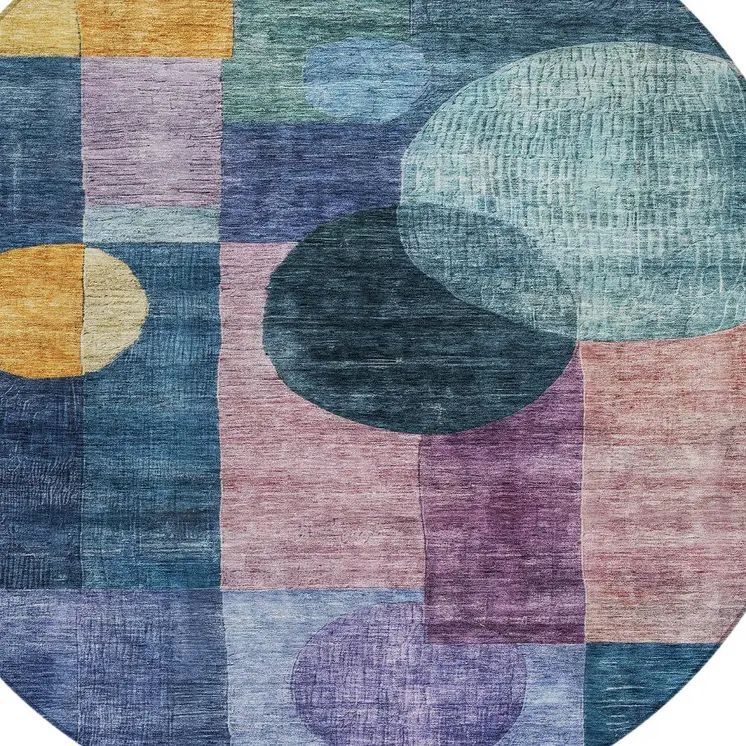 8' Blue Green And Copper Round Geometric Washable Indoor Outdoor Area Rug