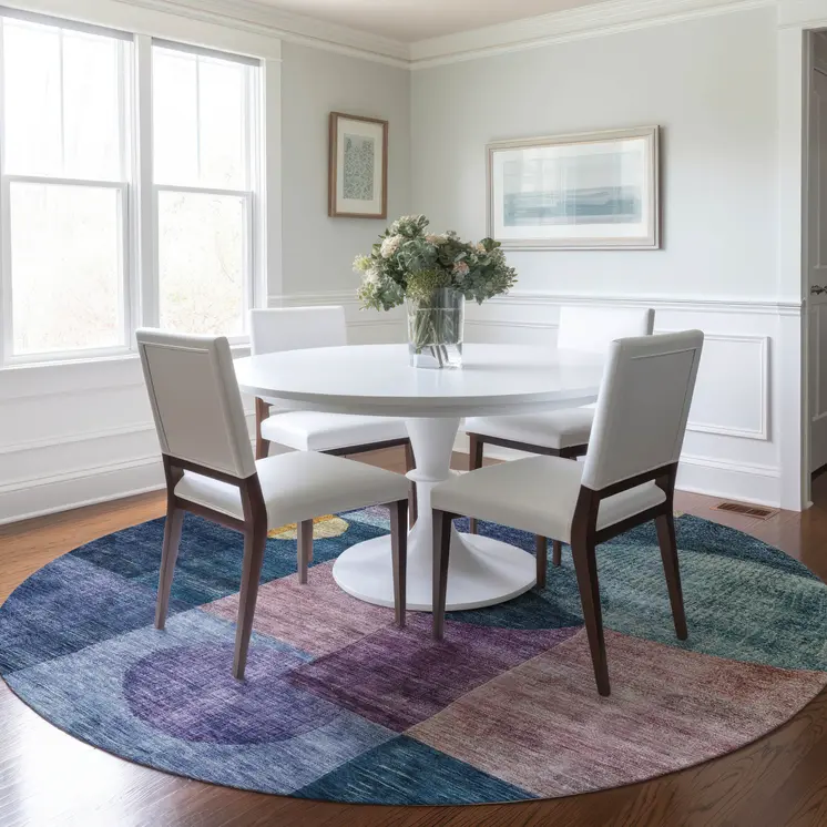 8' Blue Green And Copper Round Geometric Washable Indoor Outdoor Area Rug