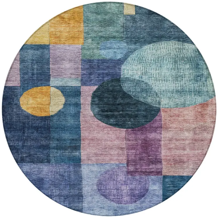 8' Blue Green And Copper Round Geometric Washable Indoor Outdoor Area Rug