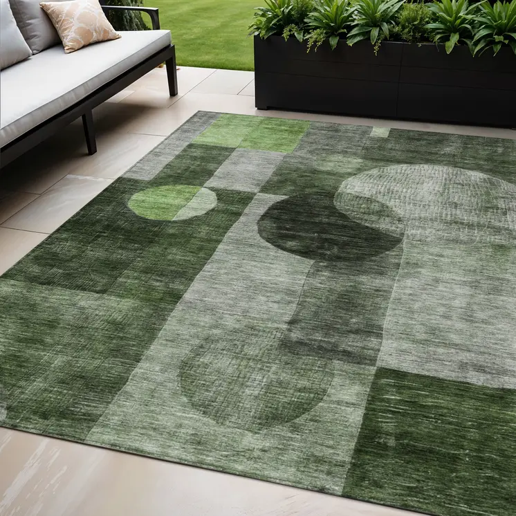 5' X 8' Fern Green And Gray Geometric Washable Indoor Outdoor Area Rug