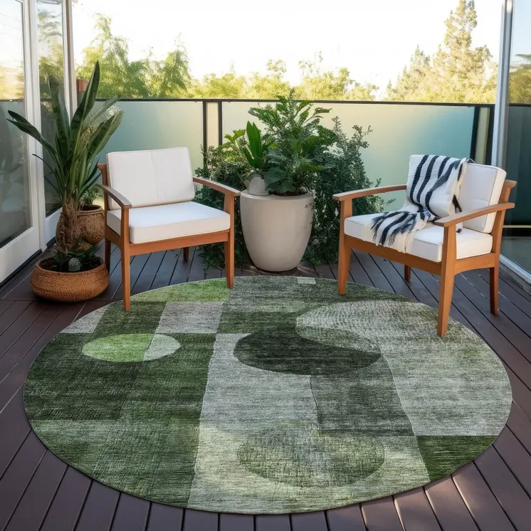 8' Fern Green And Gray Round Geometric Washable Indoor Outdoor Area Rug
