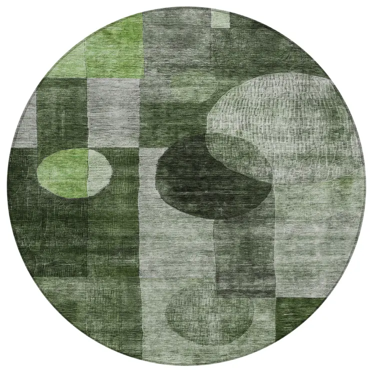8' Fern Green And Gray Round Geometric Washable Indoor Outdoor Area Rug