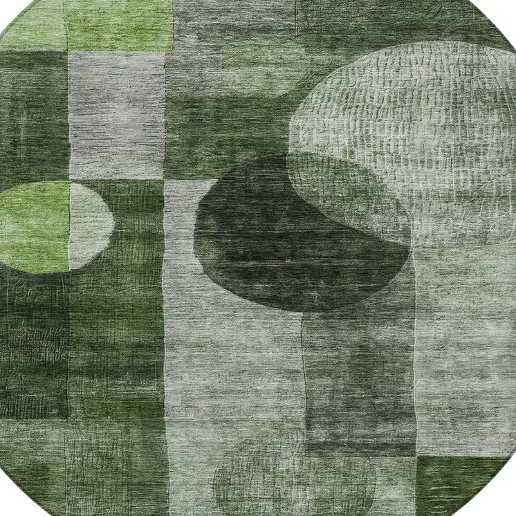 8' Fern Green And Gray Round Geometric Washable Indoor Outdoor Area Rug