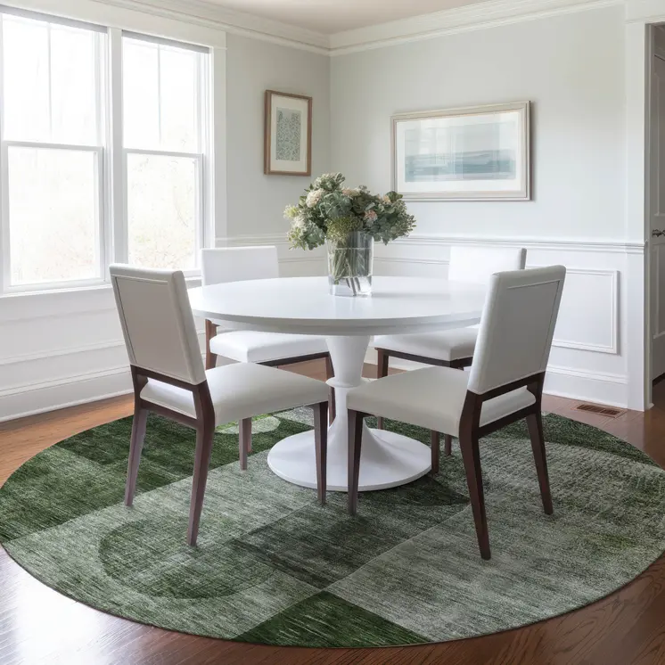 8' Fern Green And Gray Round Geometric Washable Indoor Outdoor Area Rug