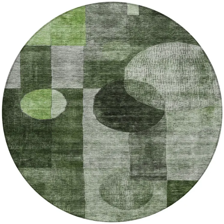 8' Fern Green And Gray Round Geometric Washable Indoor Outdoor Area Rug
