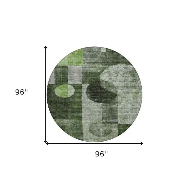 8' Fern Green And Gray Round Geometric Washable Indoor Outdoor Area Rug