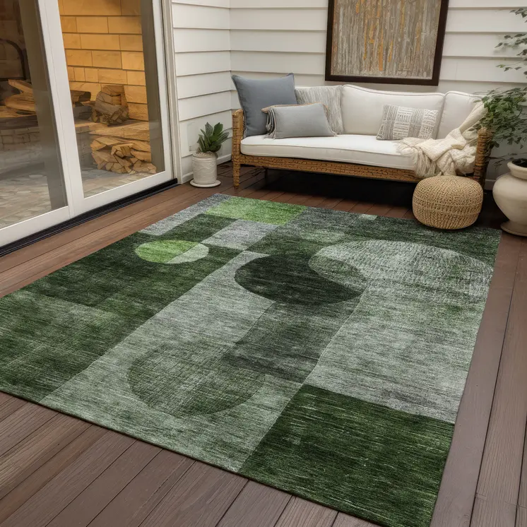 9' X 12' Fern Green And Gray Geometric Washable Indoor Outdoor Area Rug