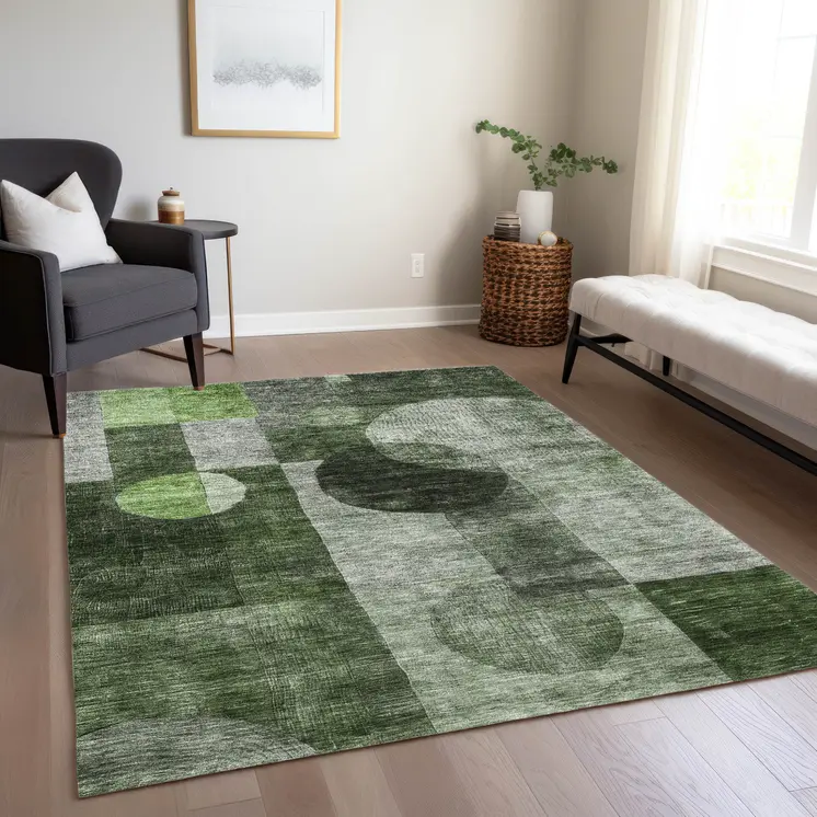 9' X 12' Fern Green And Gray Geometric Washable Indoor Outdoor Area Rug