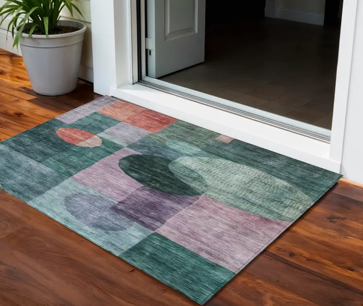 3' X 5' Green Copper And Purple Geometric Washable Indoor Outdoor Area Rug