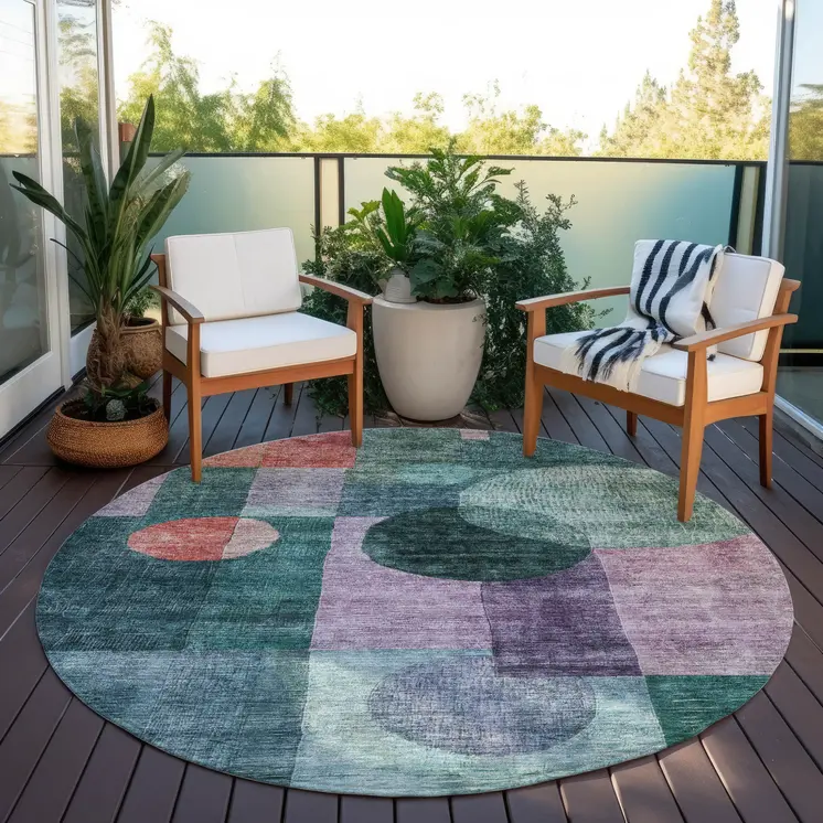 8' Green Copper And Purple Round Geometric Washable Indoor Outdoor Area Rug