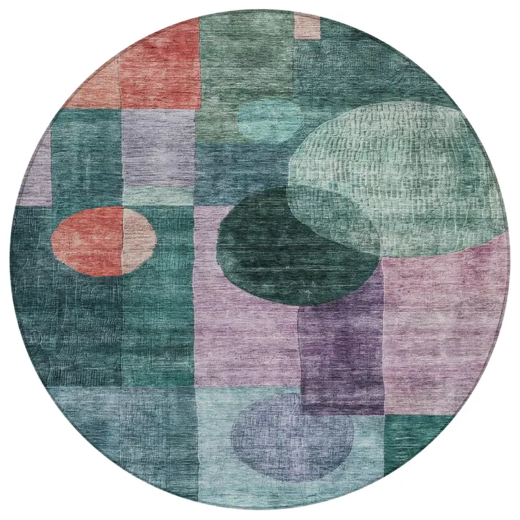 8' Green Copper And Purple Round Geometric Washable Indoor Outdoor Area Rug