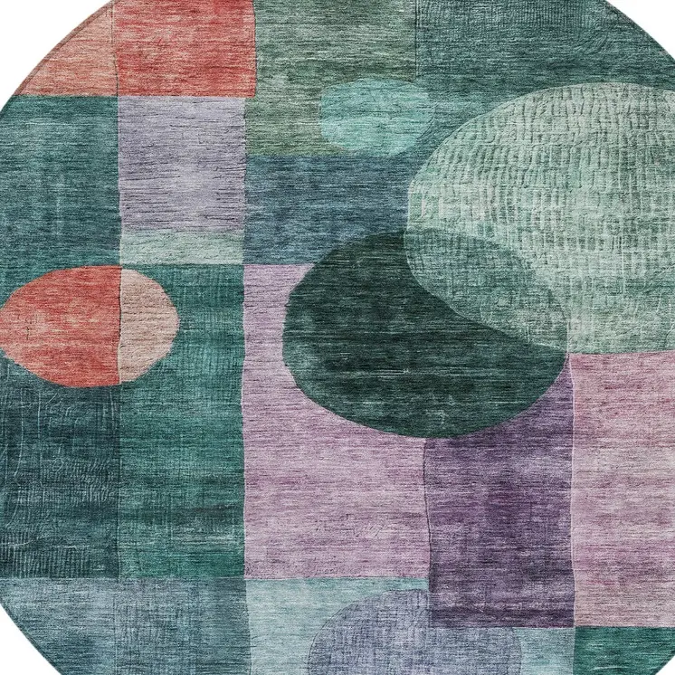 8' Green Copper And Purple Round Geometric Washable Indoor Outdoor Area Rug