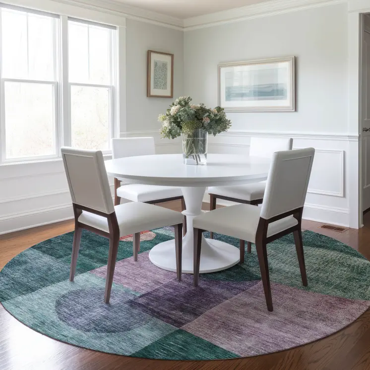8' Green Copper And Purple Round Geometric Washable Indoor Outdoor Area Rug