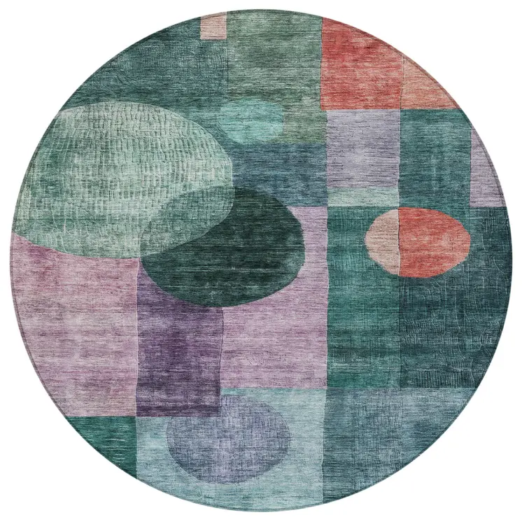 8' Green Copper And Purple Round Geometric Washable Indoor Outdoor Area Rug