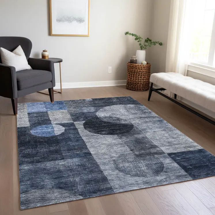 5' X 8' Navy Blue Gray And Charcoal Geometric Washable Indoor Outdoor Area Rug
