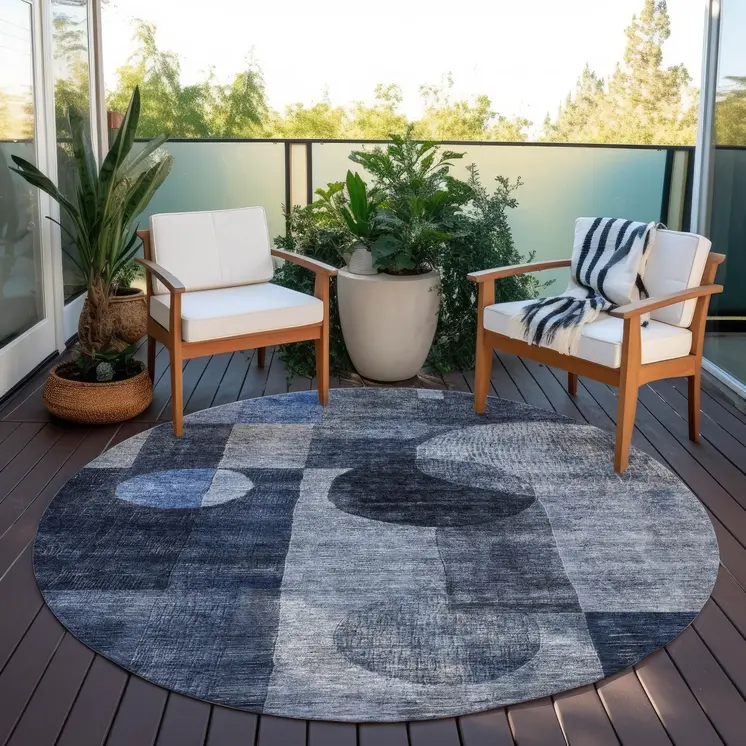 8' Navy Blue Gray And Charcoal Round Geometric Washable Indoor Outdoor Area Rug