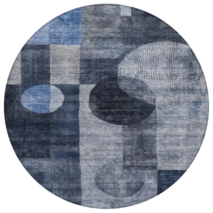8' Navy Blue Gray And Charcoal Round Geometric Washable Indoor Outdoor Area Rug