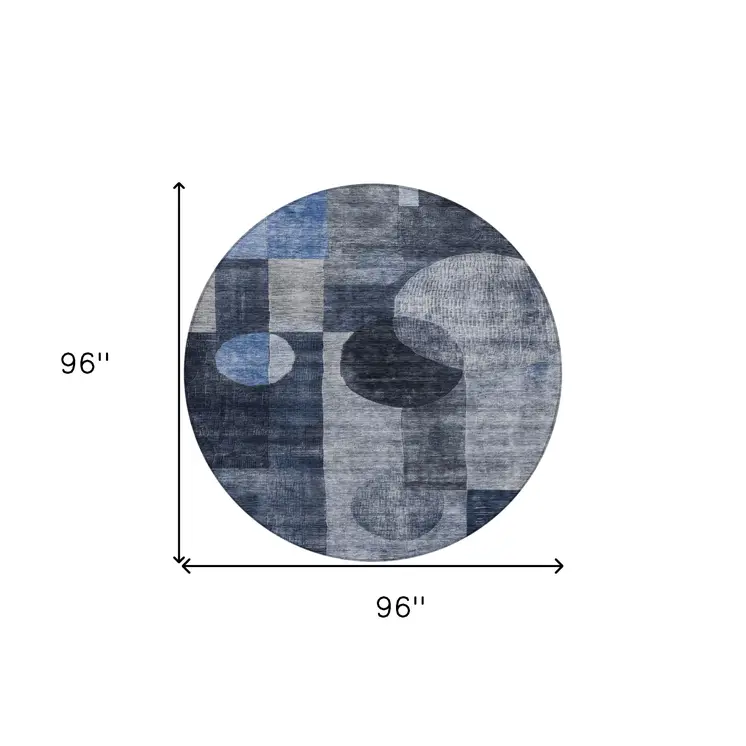 8' Navy Blue Gray And Charcoal Round Geometric Washable Indoor Outdoor Area Rug