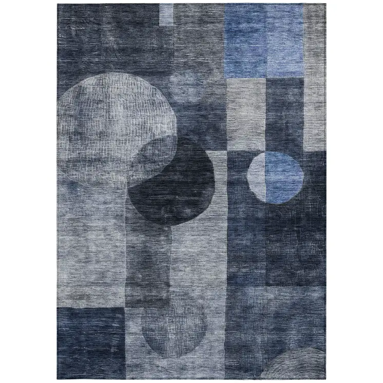 8' X 10' Navy Blue Gray And Charcoal Geometric Washable Indoor Outdoor Area Rug