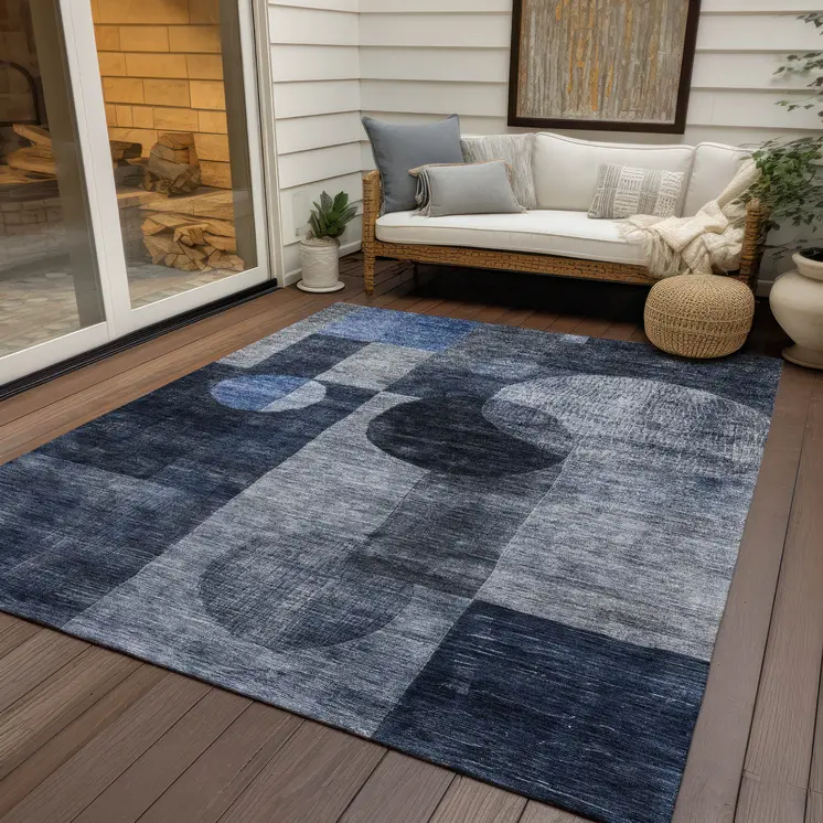 8' X 10' Navy Blue Gray And Charcoal Geometric Washable Indoor Outdoor Area Rug