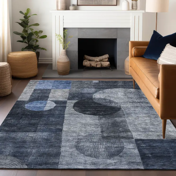 8' X 10' Navy Blue Gray And Charcoal Geometric Washable Indoor Outdoor Area Rug
