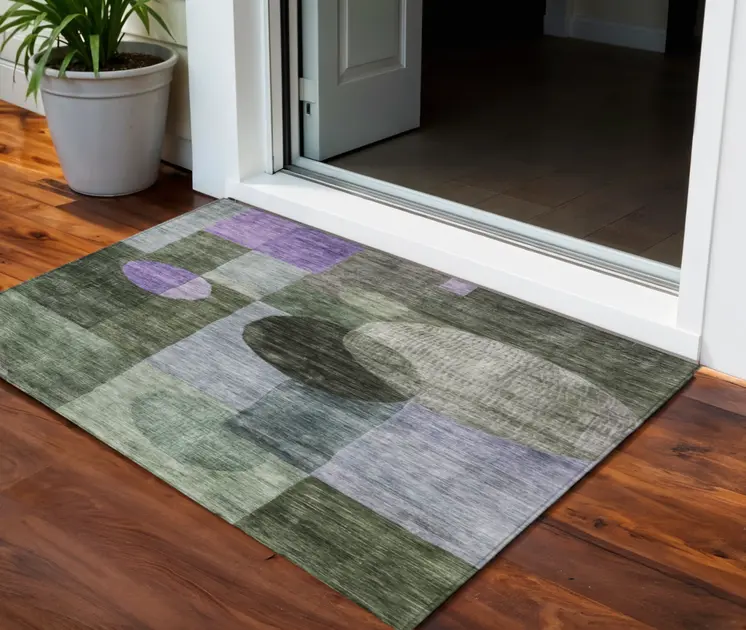 3' X 5' Olive Green Charcoal And Purple Geometric Washable Indoor Outdoor Area Rug