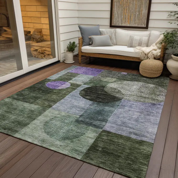 8' X 10' Olive Green Charcoal And Purple Geometric Washable Indoor Outdoor Area Rug