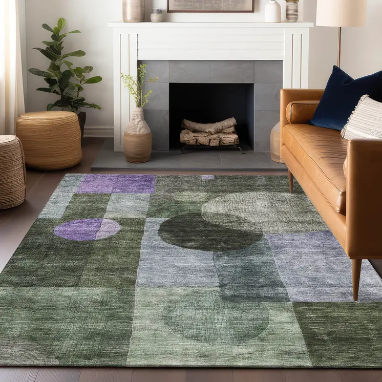 8' X 10' Olive Green Charcoal And Purple Geometric Washable Indoor Outdoor Area Rug