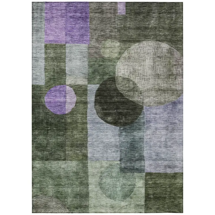 9' X 12' Olive Green Charcoal And Purple Geometric Washable Indoor Outdoor Area Rug