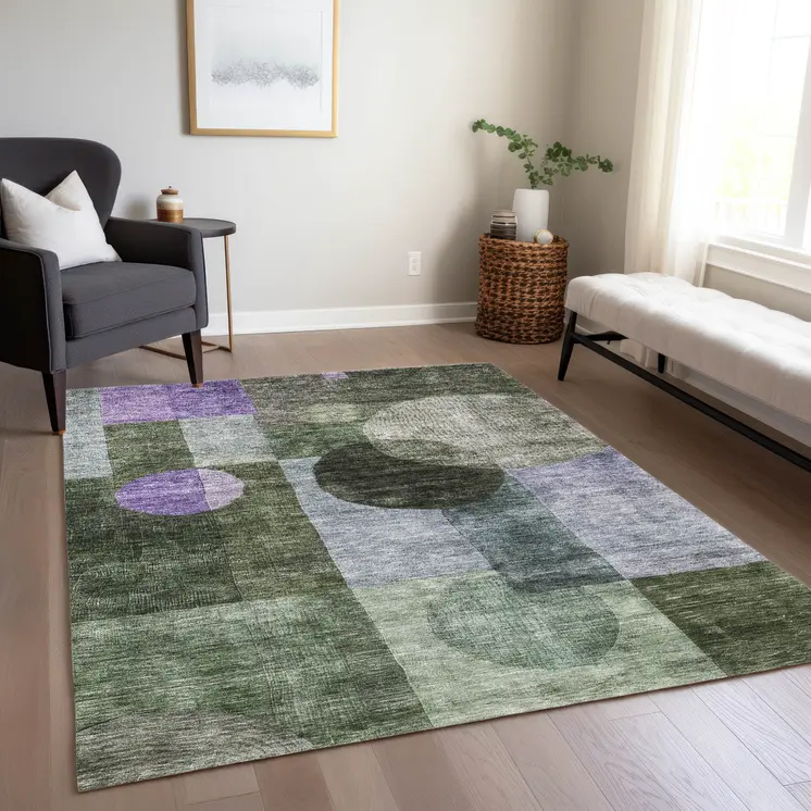 9' X 12' Olive Green Charcoal And Purple Geometric Washable Indoor Outdoor Area Rug
