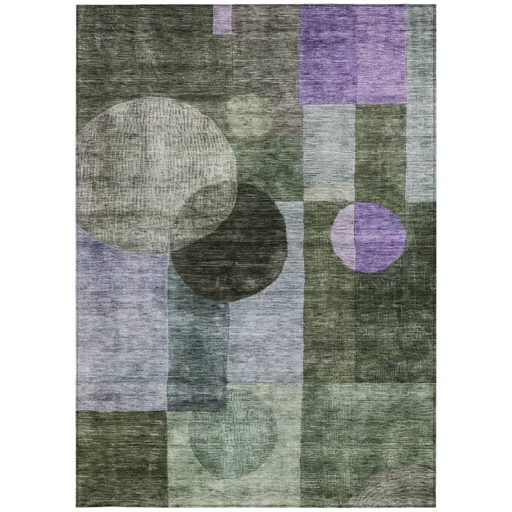 10' X 14' Olive Green Charcoal And Purple Geometric Washable Indoor Outdoor Area Rug
