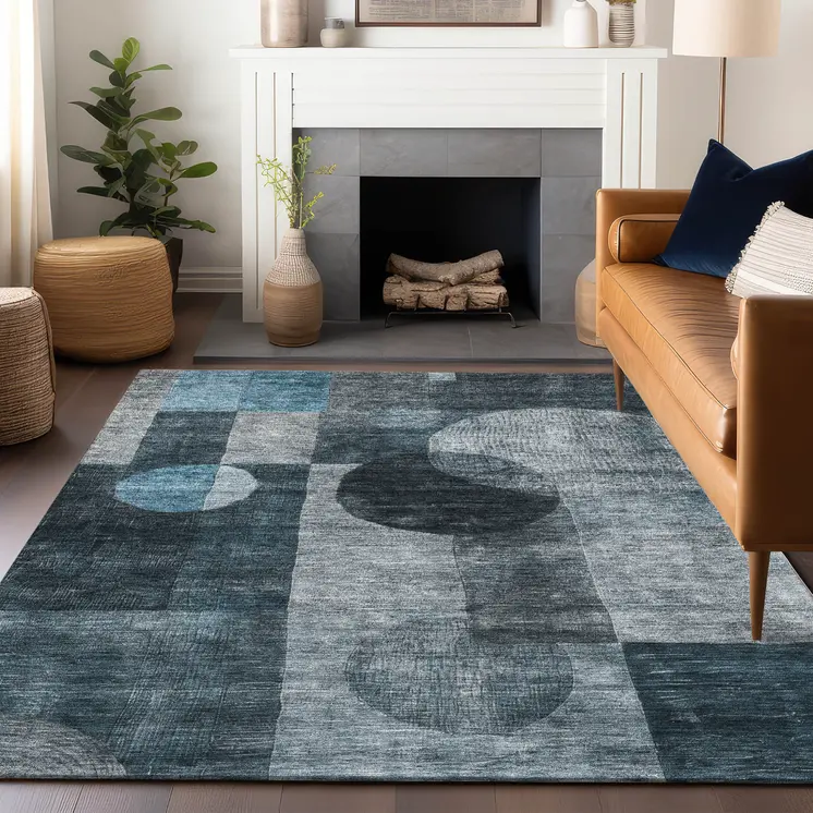 5' X 8' Teal Blue Gray And Charcoal Geometric Washable Indoor Outdoor Area Rug