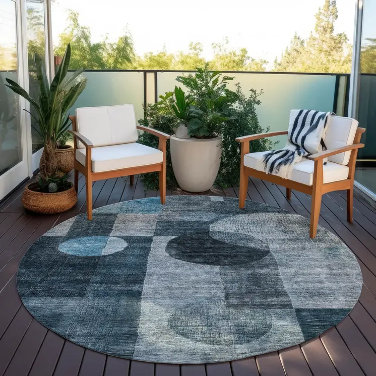8' Teal Blue Gray And Charcoal Round Geometric Washable Indoor Outdoor Area Rug