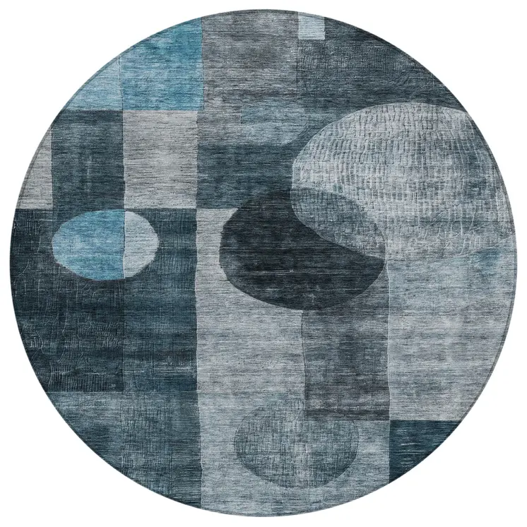 8' Teal Blue Gray And Charcoal Round Geometric Washable Indoor Outdoor Area Rug