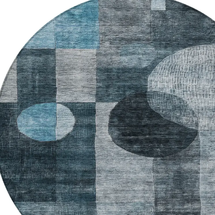 8' Teal Blue Gray And Charcoal Round Geometric Washable Indoor Outdoor Area Rug