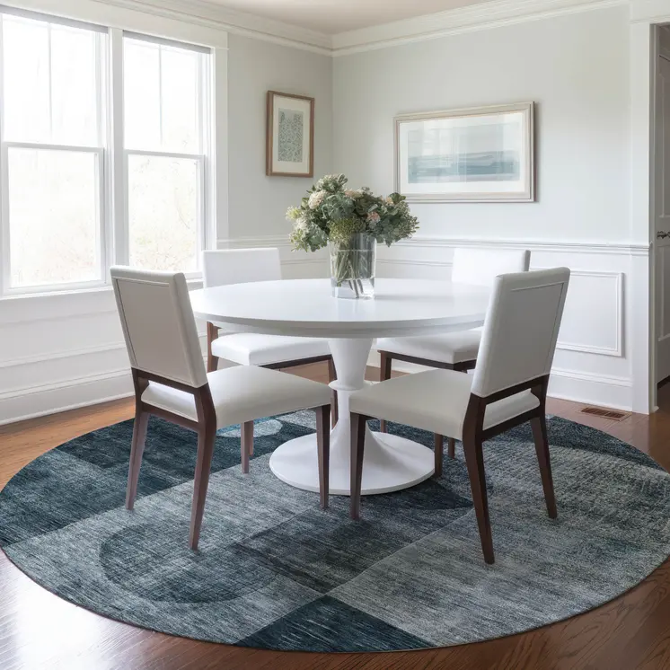 8' Teal Blue Gray And Charcoal Round Geometric Washable Indoor Outdoor Area Rug