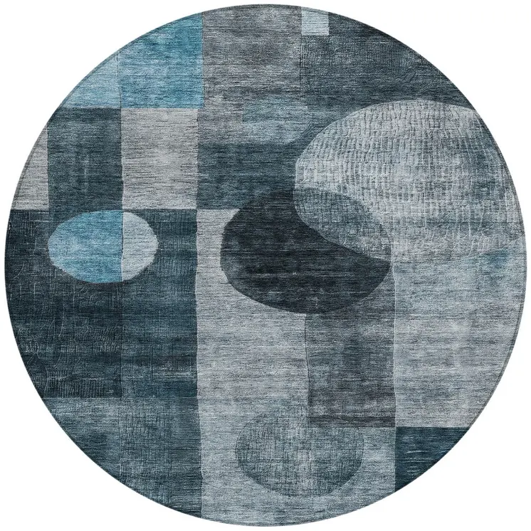 8' Teal Blue Gray And Charcoal Round Geometric Washable Indoor Outdoor Area Rug