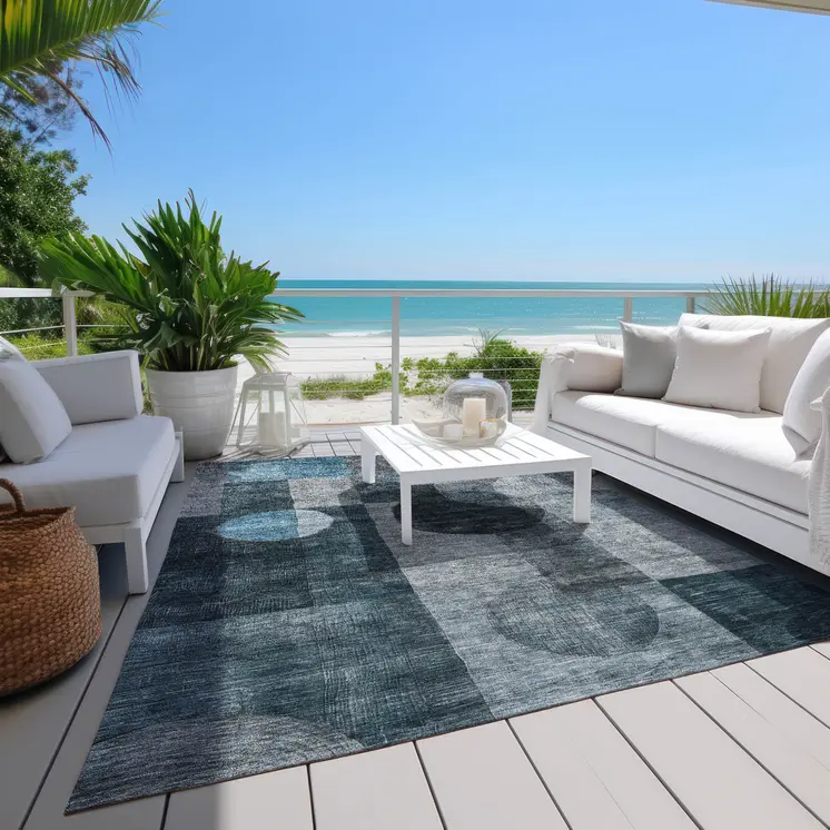 10' X 14' Teal Blue Gray And Charcoal Geometric Washable Indoor Outdoor Area Rug