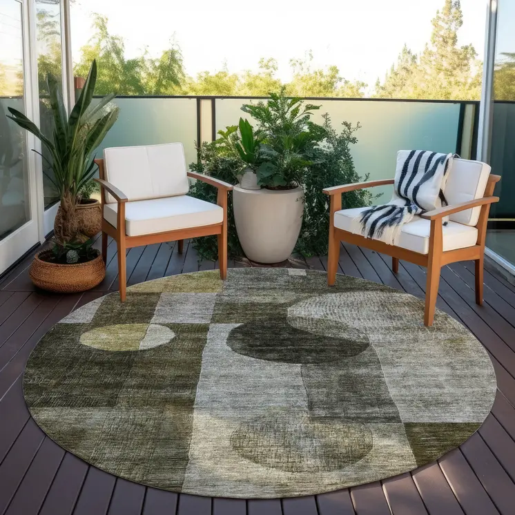 8' Taupe Gray And Charcoal Round Geometric Washable Indoor Outdoor Area Rug