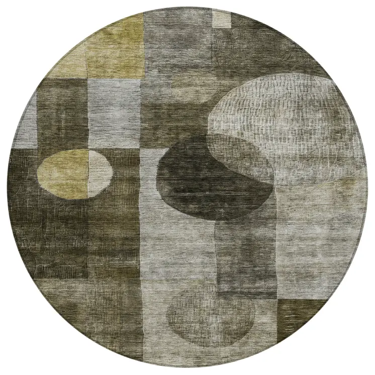 8' Taupe Gray And Charcoal Round Geometric Washable Indoor Outdoor Area Rug