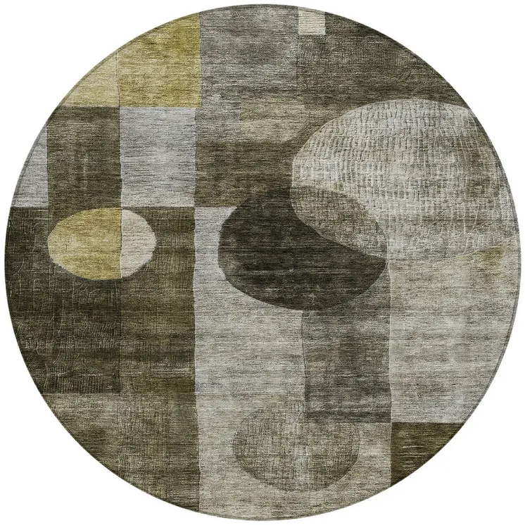 8' Taupe Gray And Charcoal Round Geometric Washable Indoor Outdoor Area Rug