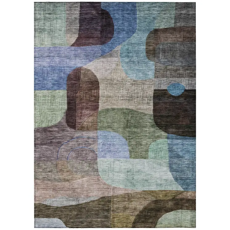 5' X 8' Brown Blue And Green Abstract Washable Indoor Outdoor Area Rug