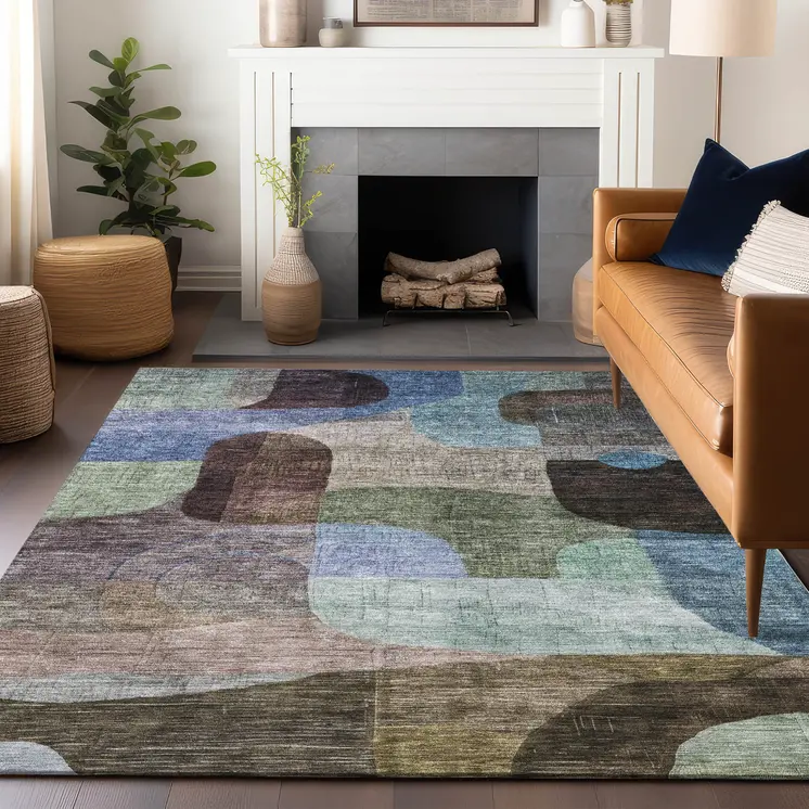 5' X 8' Brown Blue And Green Abstract Washable Indoor Outdoor Area Rug