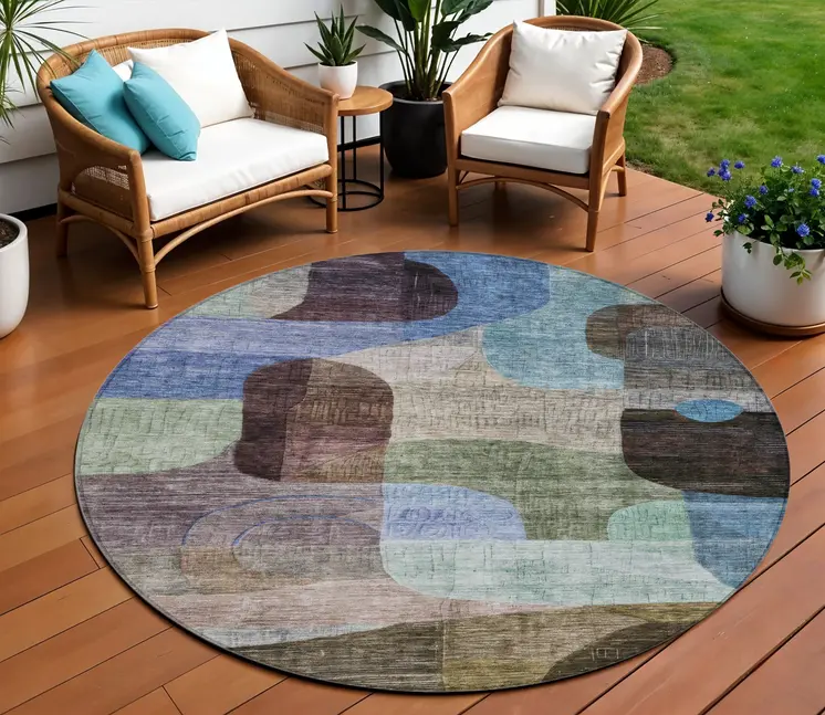 8' Brown Blue And Green Round Abstract Washable Indoor Outdoor Area Rug