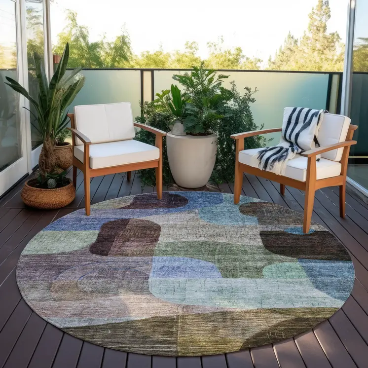 8' Brown Blue And Green Round Abstract Washable Indoor Outdoor Area Rug