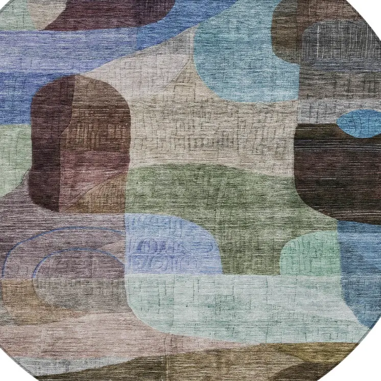 8' Brown Blue And Green Round Abstract Washable Indoor Outdoor Area Rug