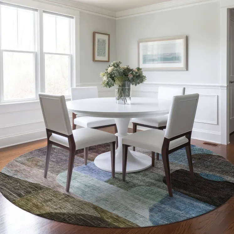 8' Brown Blue And Green Round Abstract Washable Indoor Outdoor Area Rug