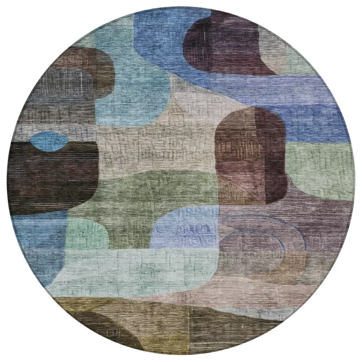 8' Brown Blue And Green Round Abstract Washable Indoor Outdoor Area Rug