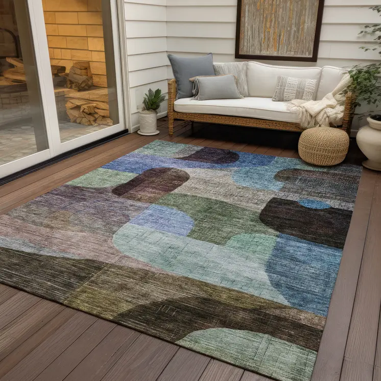 9' X 12' Brown Blue And Green Abstract Washable Indoor Outdoor Area Rug