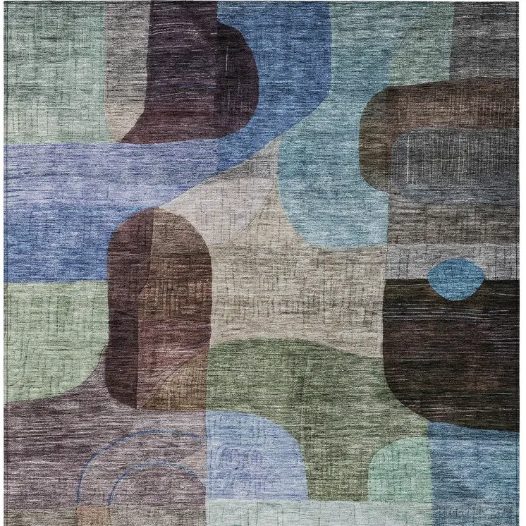 9' X 12' Brown Blue And Green Abstract Washable Indoor Outdoor Area Rug